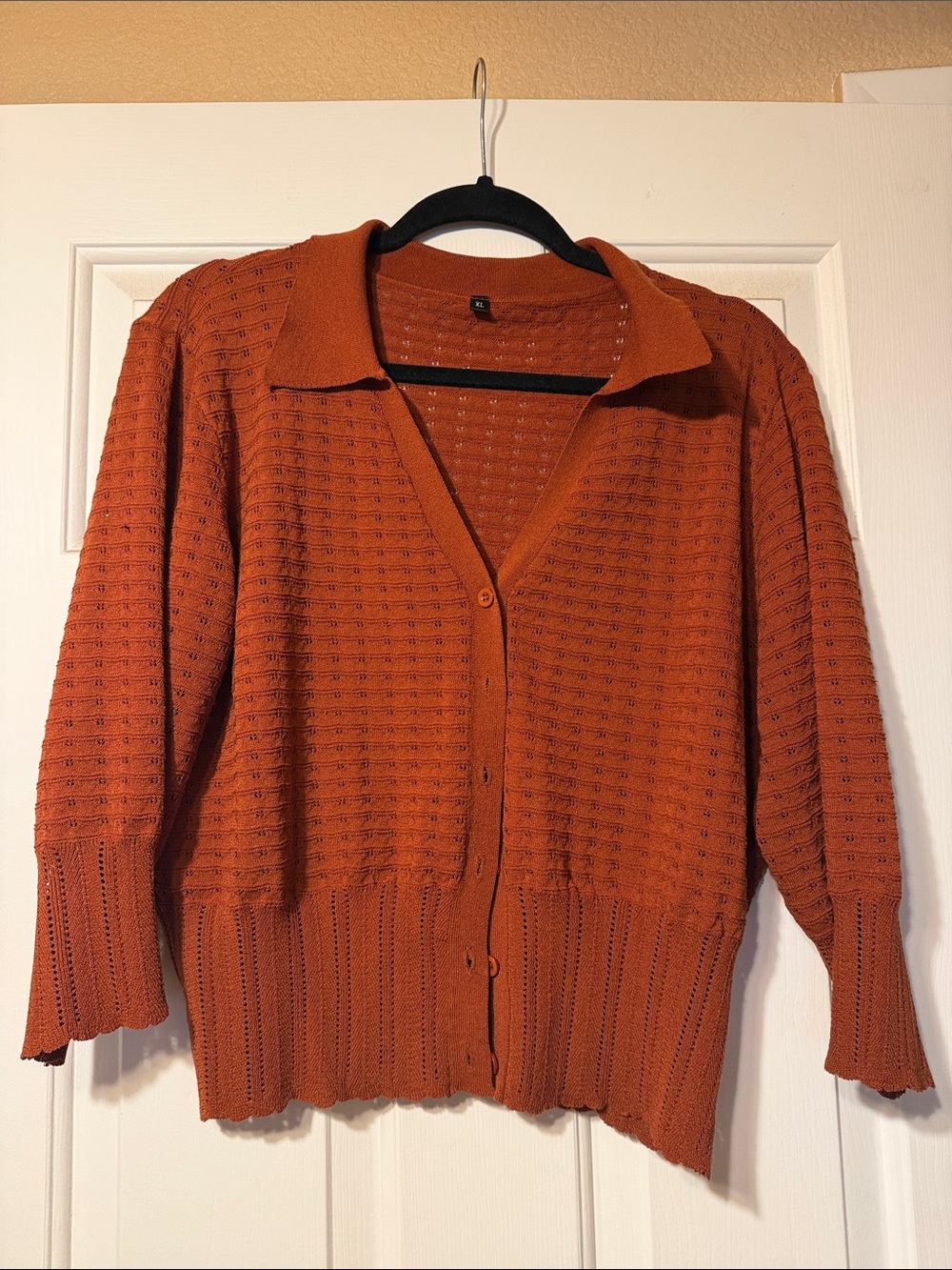 Amazon Open-Knit Button 3/4 Sleeve Cardigan - Rust Orange